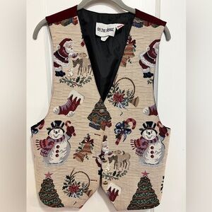 ON THE VERGE Tapestry Christmas Vest Vintage Made in USA Santa Snowman Ugly